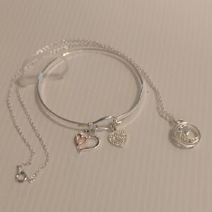 Silver Heart Charm Bracelet and Necklace Set Stamped LA
